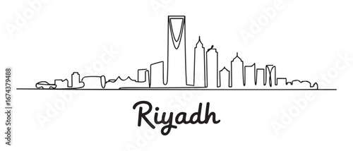 Single continuous line drawing of Riyadh skyline, Saudi Arabia. Famous city scraper landscape. World travel concept wall decor home art poster print. Vector black silhouette. with white background