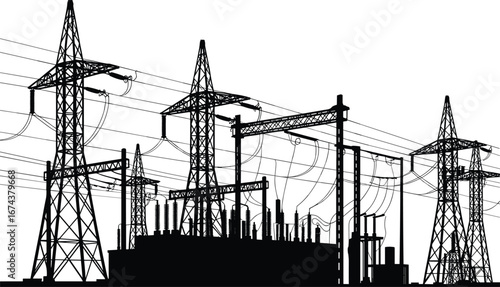 Silhouette of electrical power substation with high voltage transmission towers, energy distribution infrastructure, electrical grid system, power lines, transformers, and utility poles
