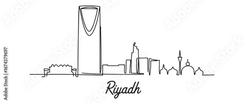 Single continuous line drawing of Riyadh skyline, Saudi Arabia. Famous city scraper landscape. World travel concept wall decor home art poster print. Vector black silhouette. with white background
