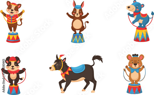 Vector illustration of cute cartoon circus animals performing tricks with costumes, stage props, entertainment design for children, festival, carnival, and show.