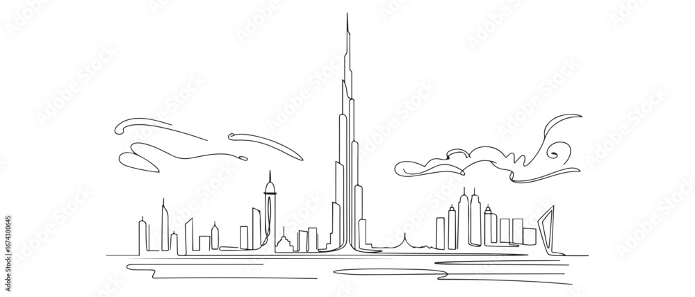 Naklejka premium One single line drawing of Dubai city skyline, United Arab Emirates. Historical landscape postcard art. Best holiday destination. Vector black silhouette. with white background