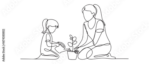 One single line drawing of young mom teach her daughter planting while the kid watering a plant at home garden vector illustration. Vector black silhouette. with white background