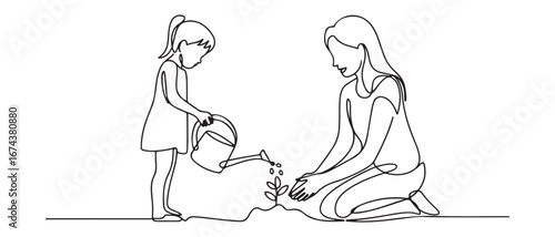 One single line drawing of young mom teach her daughter planting while the kid watering a plant at home garden vector illustration. Vector black silhouette. with white background