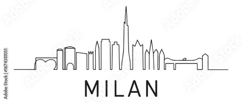 Single continuous line drawing of Milan city skyline, Italy. Famous city skyscraper landscape in world. World travel wall decor poster print concept. Vector black silhouette. with white background
