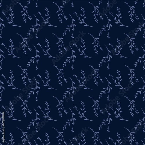 Floral dark blues leaves on blue seamless pattern with leaves. Two-color vector floral pattern.