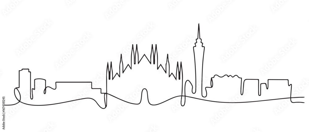 Fototapeta premium Single continuous line drawing of Milan city skyline, Italy. Famous city skyscraper landscape in world. World travel wall decor poster print concept. Vector black silhouette. with white background
