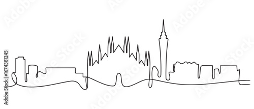 Single continuous line drawing of Milan city skyline, Italy. Famous city skyscraper landscape in world. World travel wall decor poster print concept. Vector black silhouette. with white background