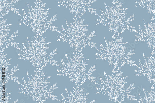 Abstract white on blue seamless pattern with leaves. Two-color vector floral pattern.