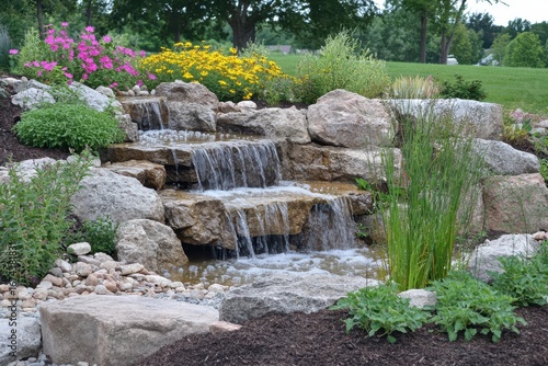 Summer Garden Design: Landscape Architecture Showcasing Stone Water Features, Lush Green Plants, and Vibrant Flowers