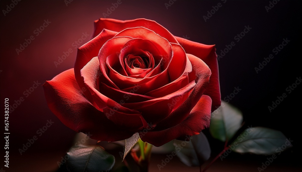 Naklejka premium a single red rose illuminated against a dark background highlighting its petals and delicate features