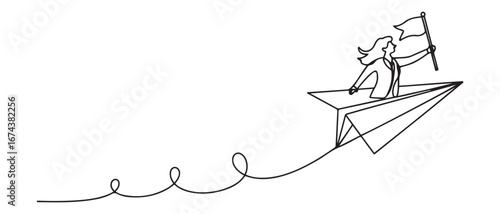 Single one line drawing of young businesswoman flying with paper plane and holding winning flag. Business goal. Metaphor minimal concept. Vector black silhouette. with white background