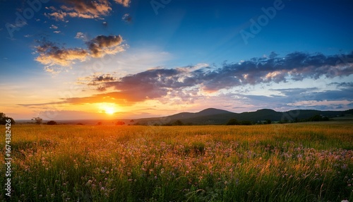 a sunset displays vibrant colors over a grassy field beneath blue sky