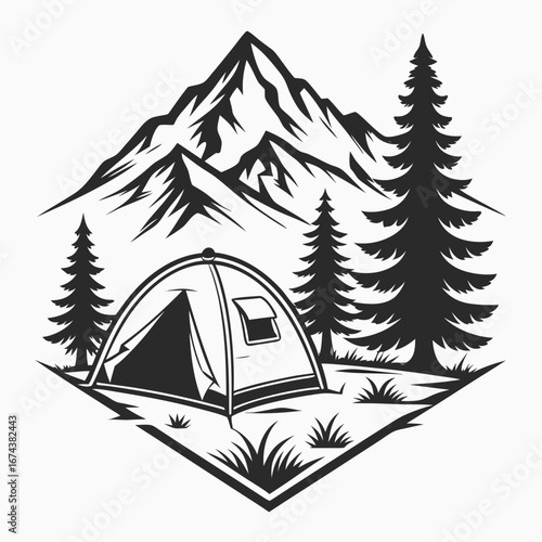 Black and white illustration of a camping tent set up in a forest with mountains in the background