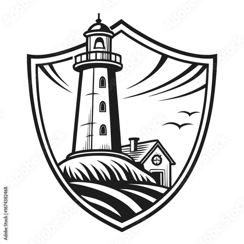 Black and white shield emblem featuring a lighthouse and a small house on a hill with seagulls flying