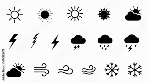 Simple vector set of weather icons on white background. Contains sun, clouds, rain, wind, snow, lightning and thunderstorm.
