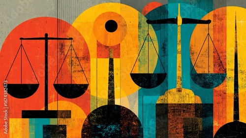 Abstract vector design with multiple law symbols representing justice, legal protection, legal services, regulation iconography, attorney themes, and legal profession visuals