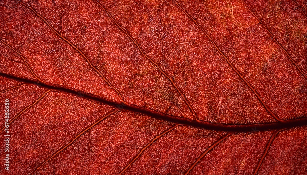 Fototapeta premium vibrant red autumn leaf macro with detailed vein texture illuminated by light perfect for natural background or organic design