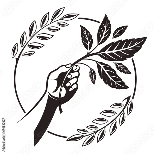 Hand holding a laurel branch within a circular wreath symbolizing peace victory and achievement