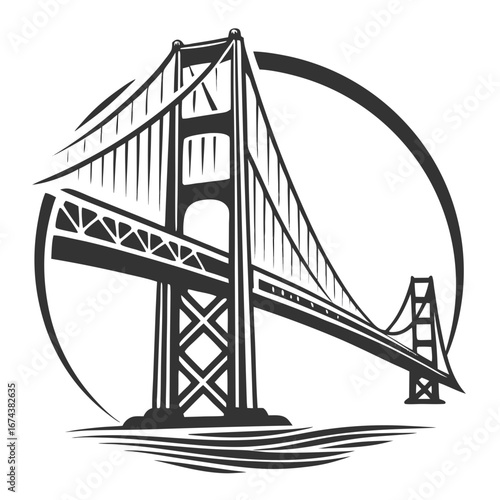 Iconic golden gate bridge silhouette with circular frame and stylized water elements