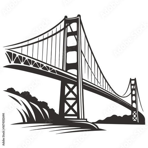 Iconic golden gate bridge silhouette in black and white against a clean white background