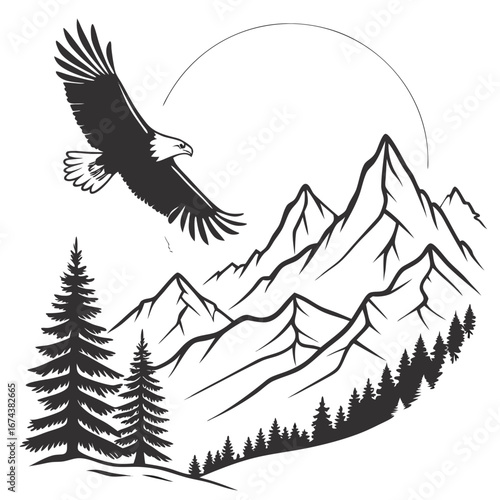 Majestic bald eagle soaring over a dramatic mountain range with pine trees and a crescent sun