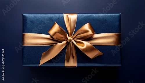 elegantly wrapped rectangular gift box in dark blue paper with a shiny gold ribbon tied in a large bow on top against a dark background