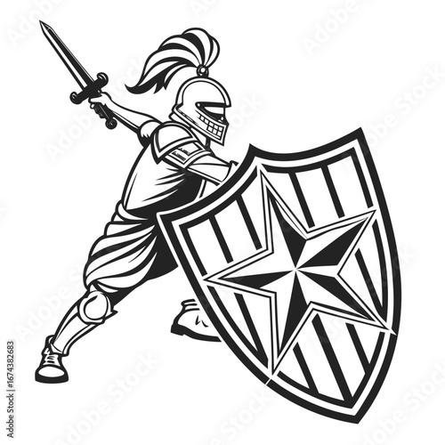Medieval knight in armor holding sword and shield ready for battle