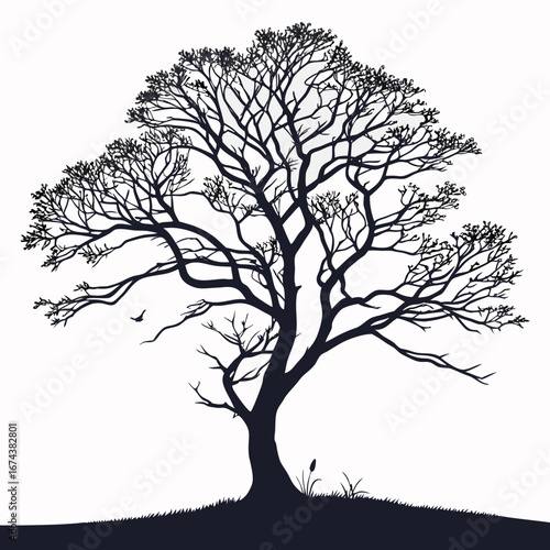 Silhouette of a large bare tree with intricate branches and a small bird flying against a white background