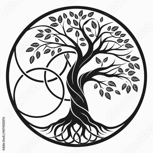 Stylized black and white celtic tree of life with intricate knotwork and roots within a circle