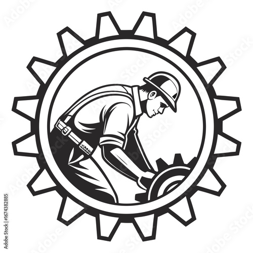 Skilled worker in hard hat and overalls working on a large gear mechanism