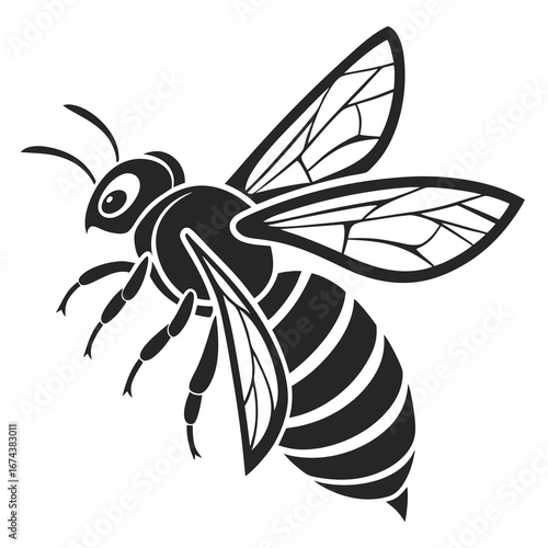 Stylized black and white illustration of a bee in flight with detailed wings and striped body