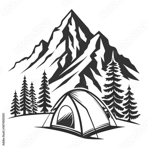 Stylized black and white illustration of a camping tent set against a backdrop of majestic mountains and pine trees