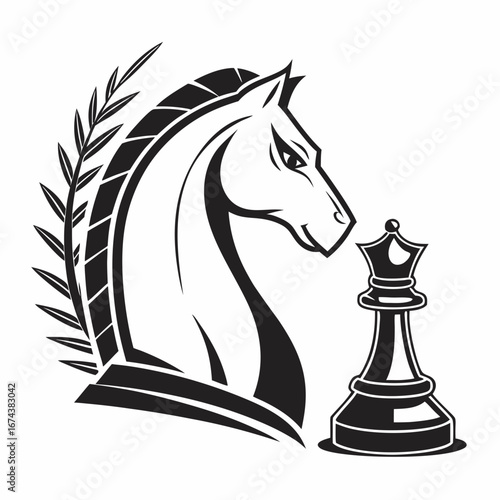 Stylized black and white illustration of a chess knight facing a chess queen with laurel leaves