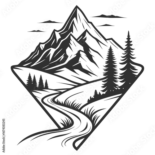 Stylized black and white mountain landscape with a winding road and pine trees inside a diamond shape