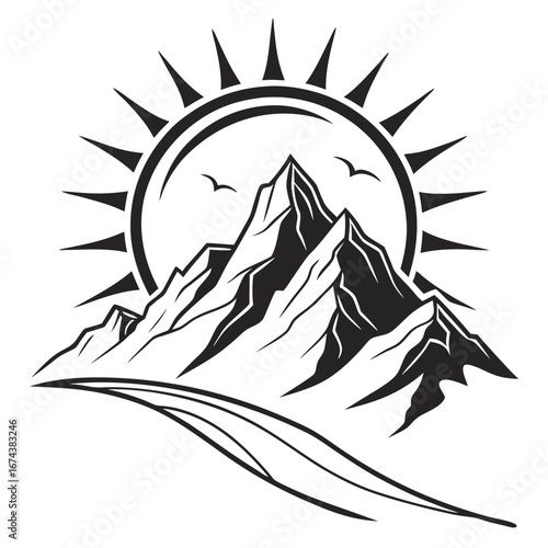 Stylized black and white mountain range silhouette with sunburst and birds in the sky