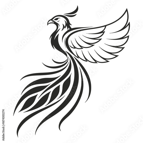 Stylized black phoenix bird with flowing tail feathers and spread wings on white background