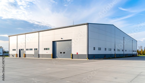 Modern warehouse exterior under clear sky