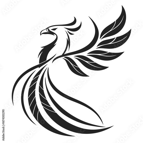 Stylized black silhouette of a phoenix bird with flowing feathers and tail on white background