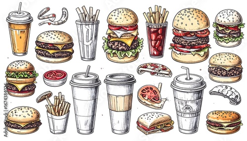 Hand-drawn collection of various fast food items
