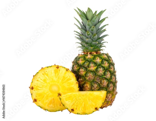 Ripe pineapple sliced and whole fruit against a plain white backdrop