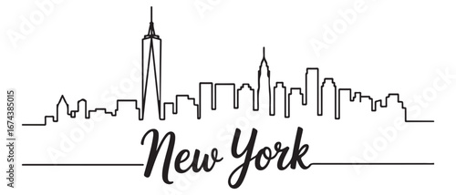 One single line drawing New York city skyline United States. Historical town landscape in world. Best holiday destination poster. Vector black silhouette. with white background