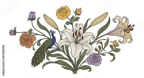 Peacock and Floral Arrangement Illustration