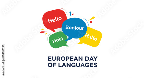 European Day of Languages with Hello, Bonjour, Hola, and Hallo Speech Bubbles for Language Learning Blogs, Education Websites, International Communication, and Cultural Awareness