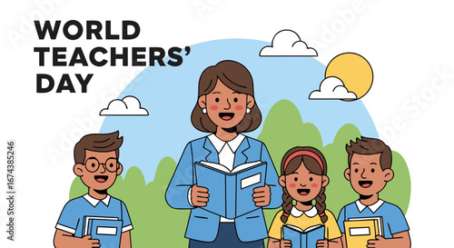 Teacher with Students Reading Books, Celebrating World Teachers' Day, in Educational Blogs, School Websites, Greetings Cards, Awareness Campaigns
