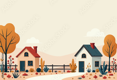 Autumn Landscape with Houses and Fence for Website Backgrounds, Fall-themed Greetings Cards, Real Estate Blogs, and Children's Education Materials - the concept of rural life