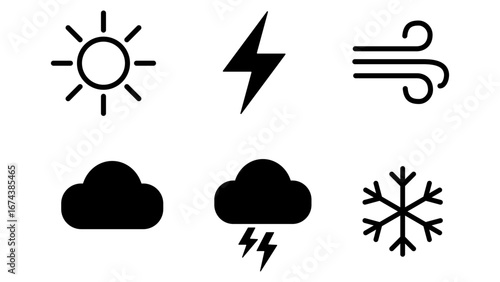 Simple vector set of weather icons on white background. Contains sun, clouds, rain, wind, snow, lightning and thunderstorm.