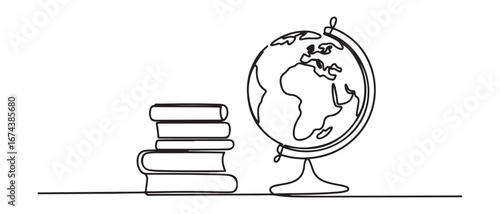 Earth globe beside books stack. Continuous one line drawing minimalist vector illustration design. Vector black silhouette. with white background