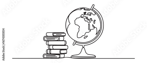 Earth globe beside books stack. Continuous one line drawing minimalist vector illustration design. Vector black silhouette. with white background