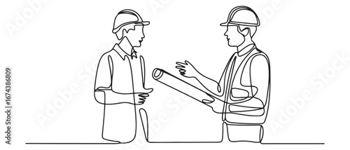 Single continuous line drawing of young architect discussing construction design with foreman manager. Building architecture business concept. Vector black silhouette. with white background