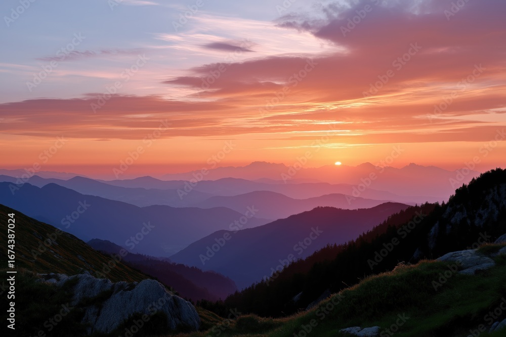 Obraz premium Serene mountain landscape at sunset with vibrant colors and layered hills